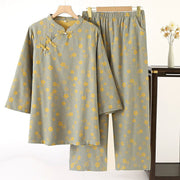 Ensemble Foviel 2 pièces en pur coton, chemise à manches longues à boutons grenouille et pantalon à poches à motif floral coloré