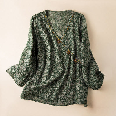Buddha Stones Spring V-Neck Printed Floral Pattern Women's Long Sleeve Shirt - SeaGreen - US8-10，UK/AU12-14，EU40-42 (2XL) - image 7