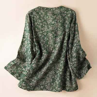 Buddha Stones Spring V-Neck Printed Floral Pattern Women's Long Sleeve Shirt - image 8