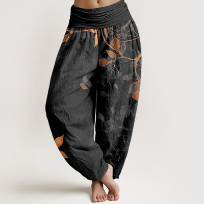 Buddha Stones Pure Cotton Softly Colored Leaves Pattern Women's Elastic Waist Harem Pants - Black - US16，UK/AU20，EU48 (3XL) - image 5