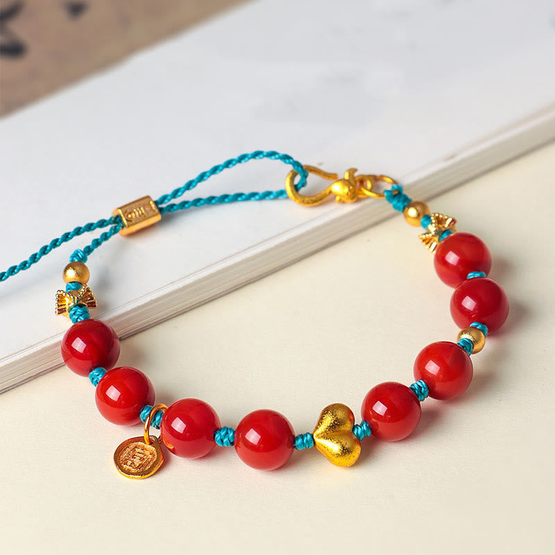 Buddha Stones 8mm South Red Agate Beads Heart Braided String Success Bracelet - image 0