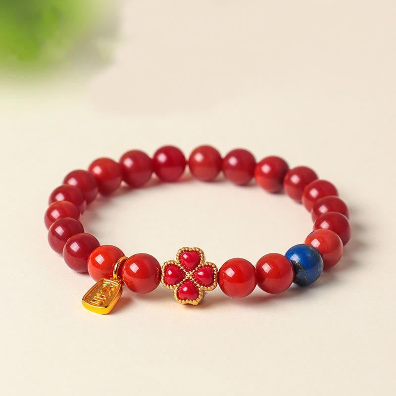 Buddha Stones Four Leaf Clover Flower Gourd South Red Agate White Agate Positive Beaded Bracelet - image 0