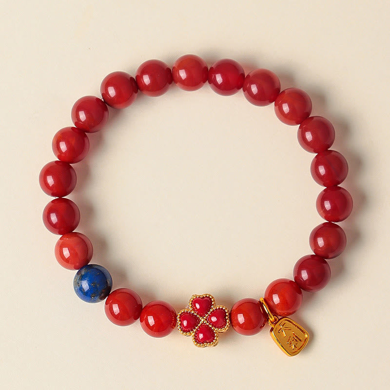 Buddha Stones Four Leaf Clover Flower Gourd South Red Agate White Agate Positive Beaded Bracelet - South Red Agate(Wrist Circumference: 14-17cm) - image 1