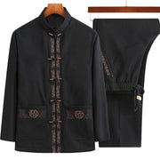 Foviel Fu Character Embroidery Tang Suit Frog-Button Men's Long Sleeve Jacket Shirt Pants