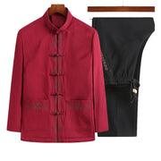 Foviel Fu Character Embroidery Tang Suit Frog-Button Men's Long Sleeve Jacket Shirt Pants