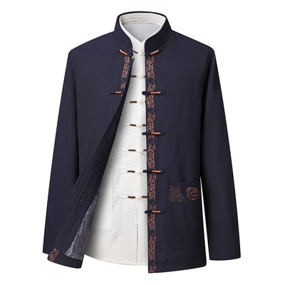 Buddha Stones Fu Character Embroidery Tang Suit Frog-Button Men's Long Sleeve Jacket Shirt Pants - SteelBlue Jacket(Jacket Only) - US/UK/AU44，EU54 (4XL) - image 9