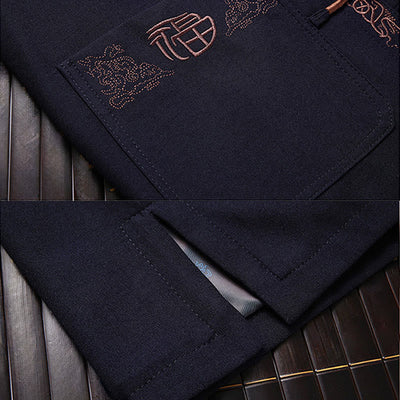 Buddha Stones Fu Character Embroidery Tang Suit Frog-Button Men's Long Sleeve Jacket Shirt Pants - image 3