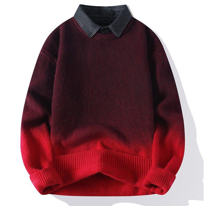 Buddha Stones Winter Stand Collar Gradient Color Design Warm Men's Long Sleeve Knitted Sweater - Red - US/UK/AU44，EU54 (4XL) - image 2