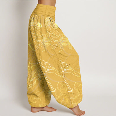 Buddha Stones Pure Cotton Lotus Leaf Koi Fish Women's Elastic Waist Harem Pants - image 13