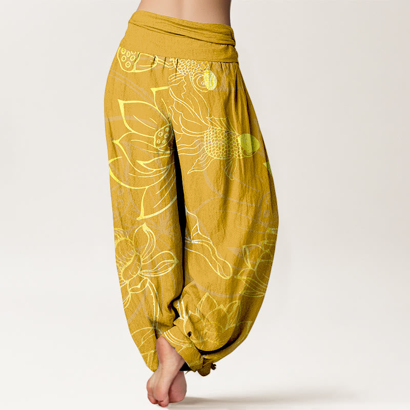 Buddha Stones Pure Cotton Lotus Leaf Koi Fish Women's Elastic Waist Harem Pants - image 12