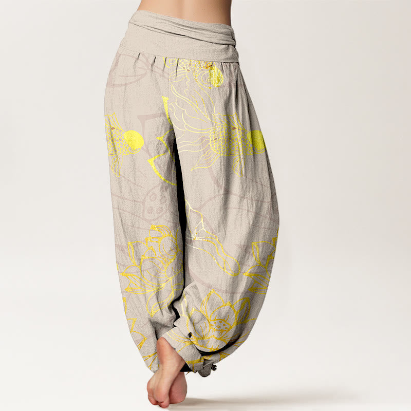Buddha Stones Pure Cotton Lotus Leaf Koi Fish Women's Elastic Waist Harem Pants - image 9