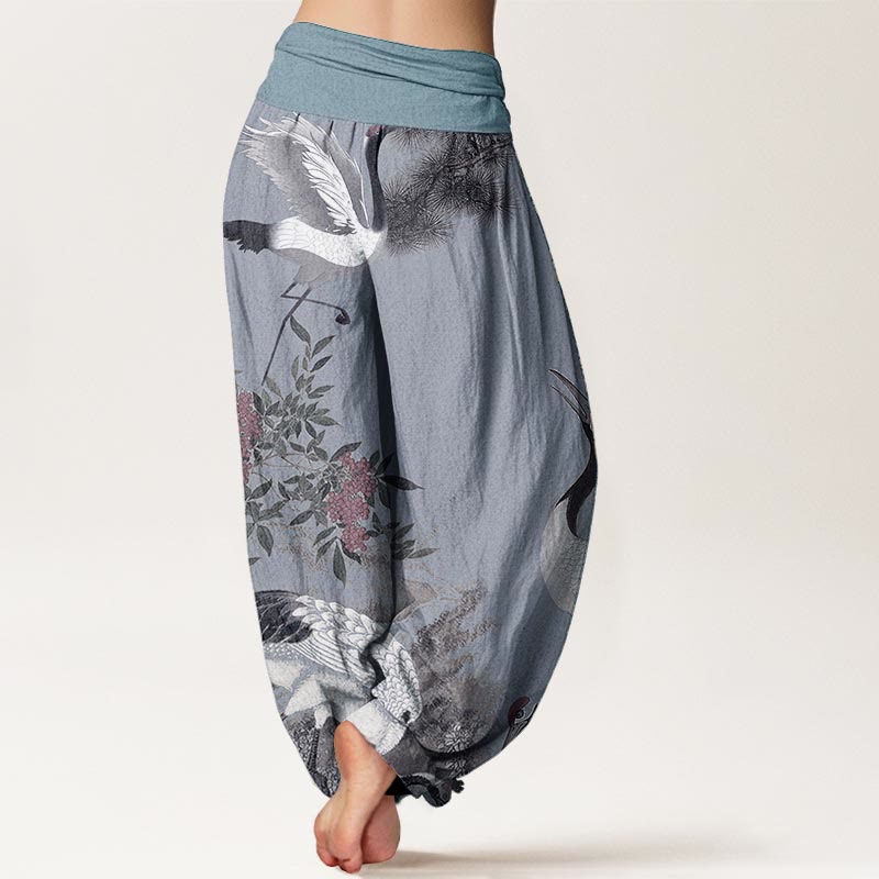 Buddha Stones Pure Cotton Casual Red-crowned Crane Pine Tree Mountain Women's Elastic Waist Harem Pants - image 9