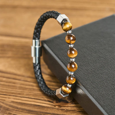 Buddha Stones Tiger Eye Titanium Steel Courage Balance Leather Bracelet - image 1