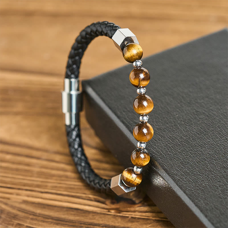Buddha Stones Tiger Eye Titanium Steel Courage Balance Leather Bracelet - image 1