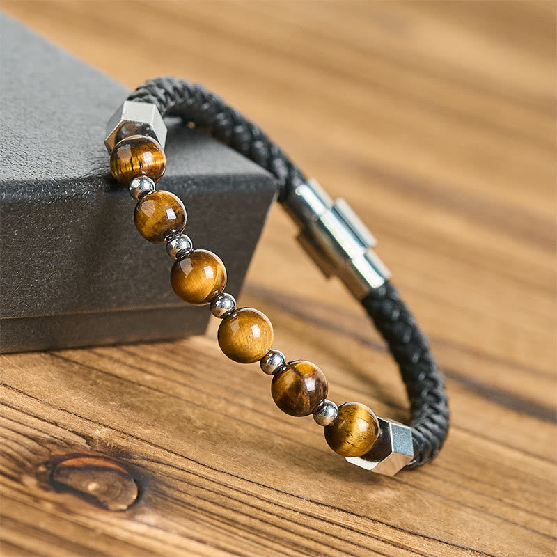 Buddha Stones Tiger Eye Titanium Steel Courage Balance Leather Bracelet - image 3