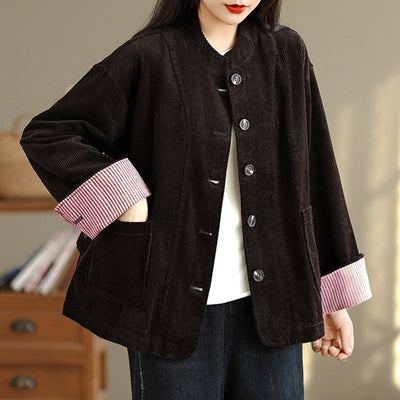 Buddha Stones Buttons Design Corduroy Long Sleeve Women's Jacket With Pockets - image 20