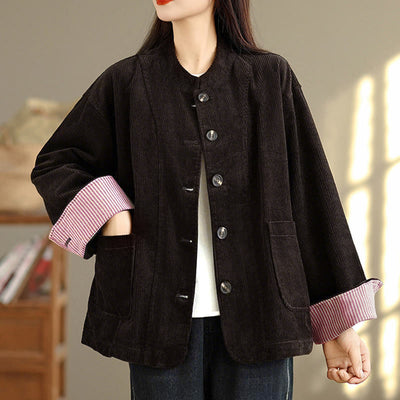 Buddha Stones Buttons Design Corduroy Long Sleeve Women's Jacket With Pockets - image 18