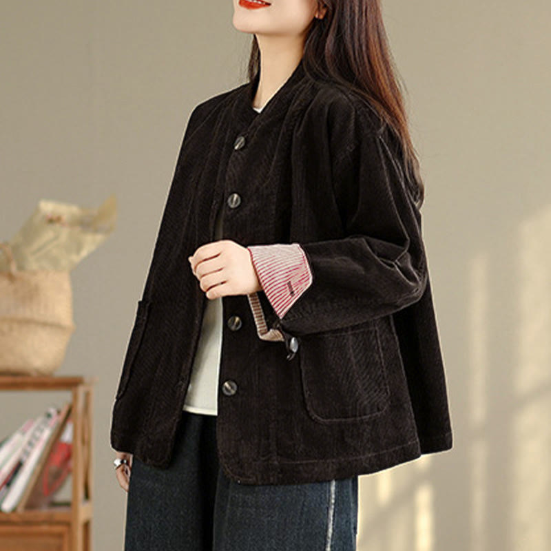 Buddha Stones Buttons Design Corduroy Long Sleeve Women's Jacket With Pockets - image 21