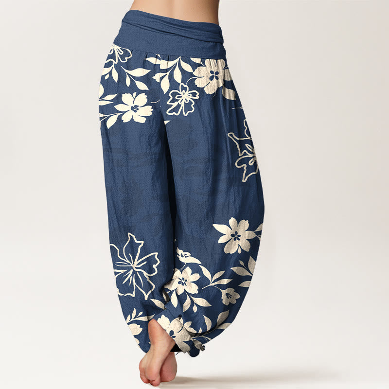 Buddha Stones Cotton Retro Simple Flowers Leaves Pattern Women's Elastic Waist Harem Pants - image 1