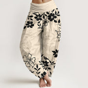 Foviel Cotton Retro Simple Flowers Leaves Pattern Women's Elastic Waist Harem Pants