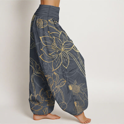 Buddha Stones Cotton Lotus Leaf Koi Fish Women's Elastic Waist Harem Pants - image 5