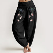 Foviel Pure Cotton Simple Pastel Flower Pattern Women's Elastic Waist Harem Pants