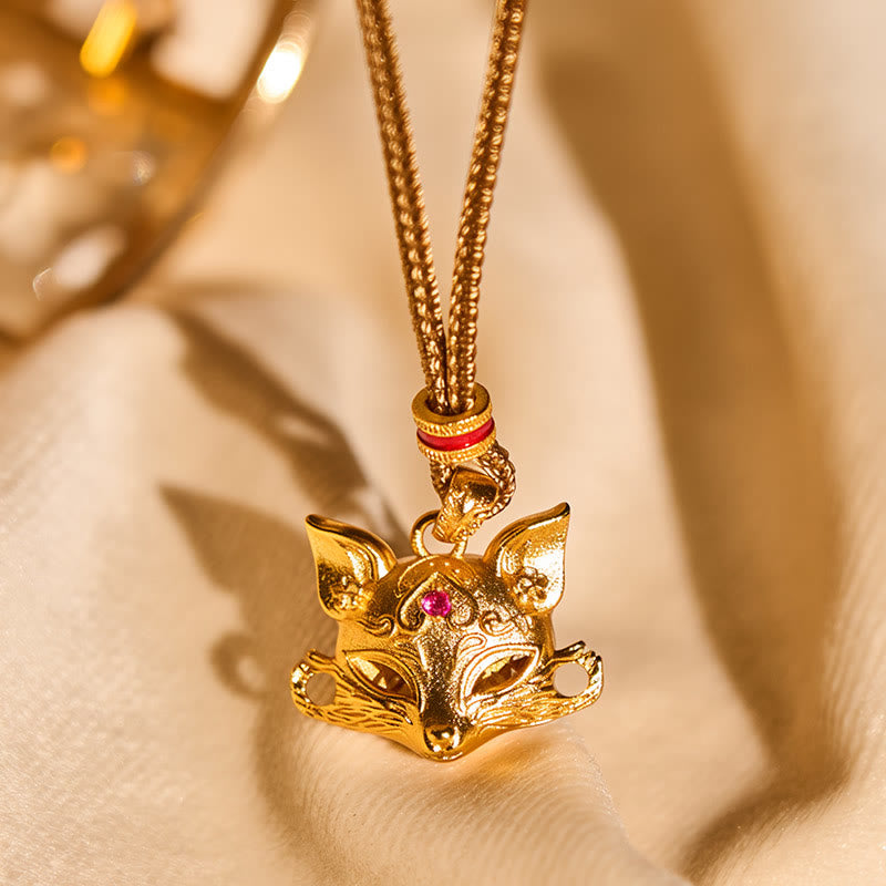 Buddha Stones 24k Gold Plated Brass Fox Charm Texture Rope Necklace Pendant - image 3