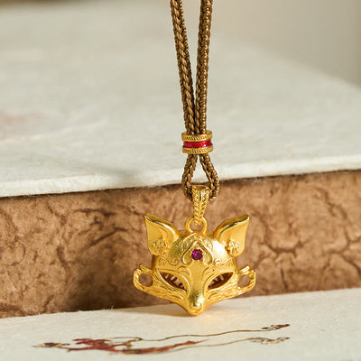 Buddha Stones 24k Gold Plated Brass Fox Charm Texture Rope Necklace Pendant - image 1