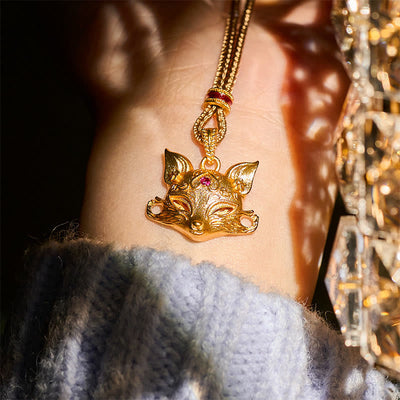 Buddha Stones 24k Gold Plated Brass Fox Charm Texture Rope Necklace Pendant - image 6