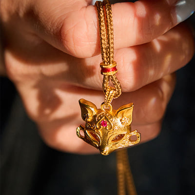 Buddha Stones 24k Gold Plated Brass Fox Charm Texture Rope Necklace Pendant - image 5