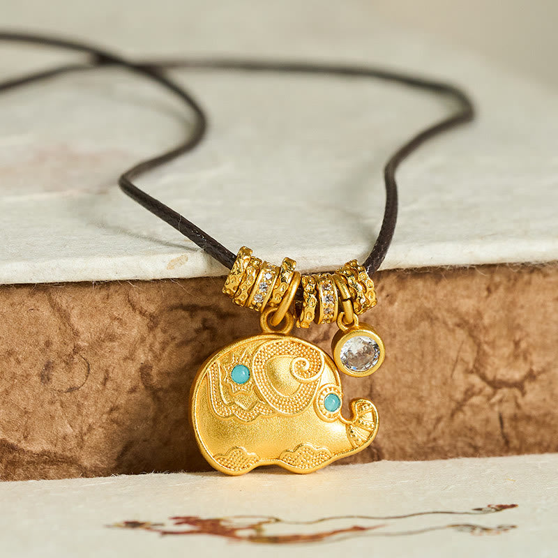 Buddha Stones Elephant Symbol 24k Gold Plated Brass Strength Rope Necklace Pendant - image 1