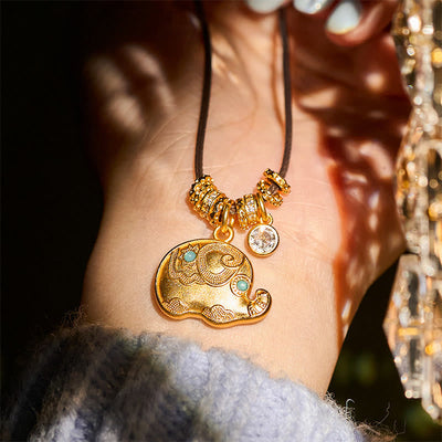 Buddha Stones Elephant Symbol 24k Gold Plated Brass Strength Rope Necklace Pendant - image 7