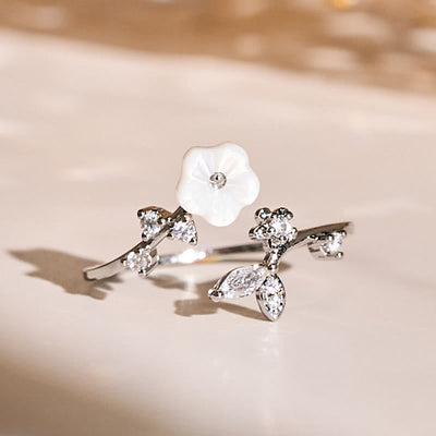 Buddha Stones White Flower Design Adjustable Healing Copper Ring - Silver - image 12
