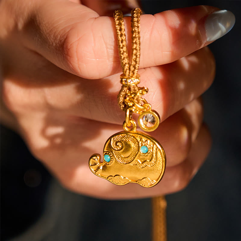 Buddha Stones 24k Gold Plated Brass Elephant Symbol Braided Cord Strength Necklace Pendant - image 4