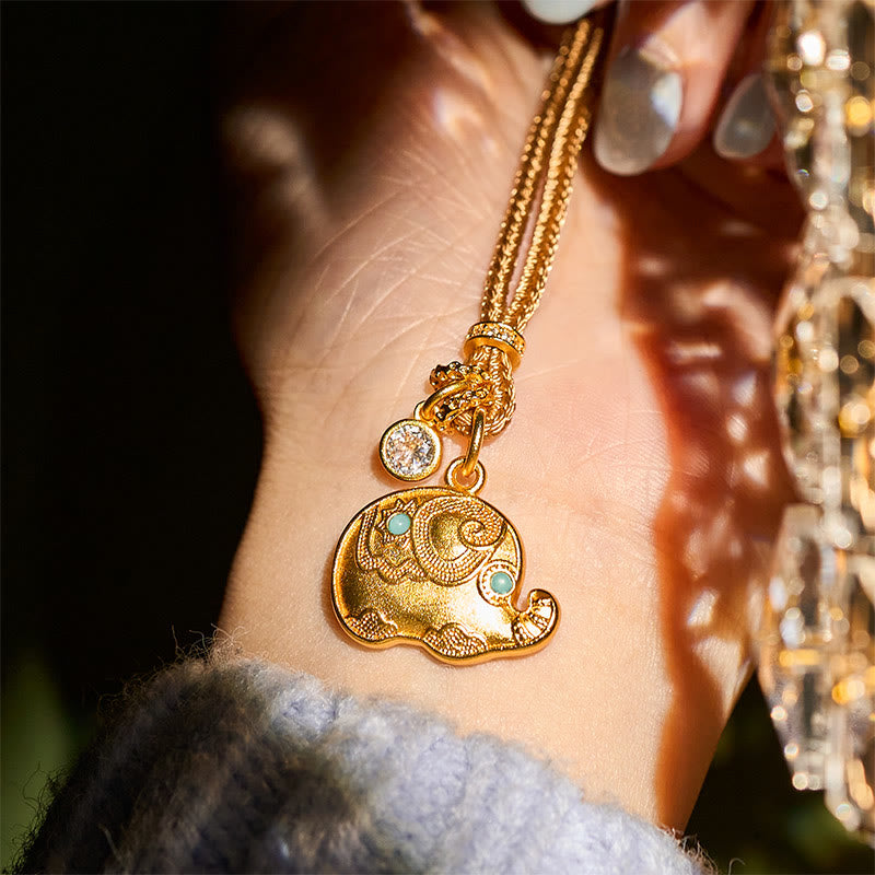 Buddha Stones 24k Gold Plated Brass Elephant Symbol Braided Cord Strength Necklace Pendant - image 5