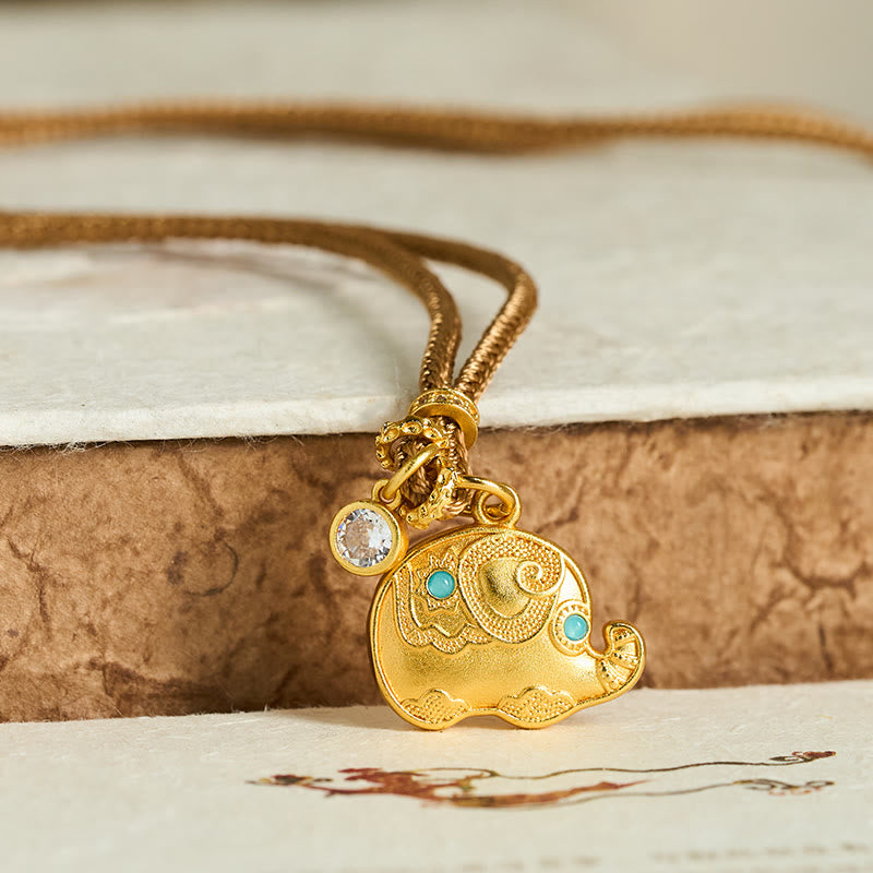 Buddha Stones 24k Gold Plated Brass Elephant Symbol Braided Cord Strength Necklace Pendant - image 1