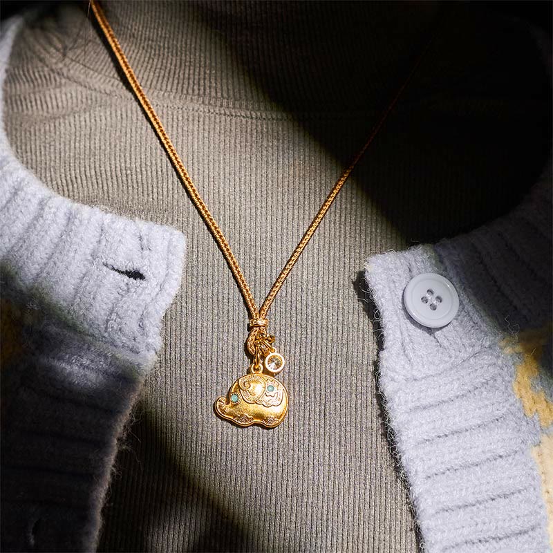 Buddha Stones 24k Gold Plated Brass Elephant Symbol Braided Cord Strength Necklace Pendant - image 6