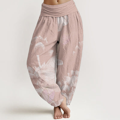 Buddha Stones Cotton Pink And White Lotus Women's Elastic Waist Harem Pants - DarkSalmon - US22，UK/AU26，EU54 (6XL) - image 0