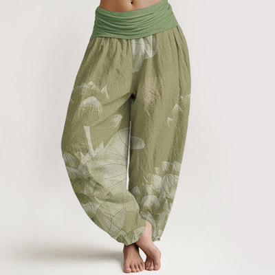 Buddha Stones Cotton Pink And White Lotus Women's Elastic Waist Harem Pants - DarkKhaki - US22，UK/AU26，EU54 (6XL) - image 7