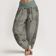 Foviel Cotton Casual Flower Leaves Design Women's Elastic Waist Harem Pants