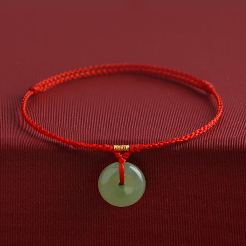 Buddha Stones Natural Hetian Jade Peace Buckle String Abundance Bracelet Anklet - Red Rope - Anklet(Anklet Circumference 22-24cm) - image 0
