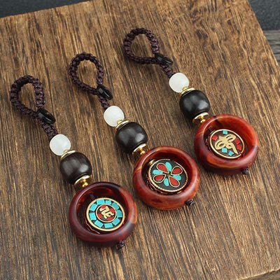Buddha Stones Ebony Wood Sanskrit Four-leaf Clover Buddha's Eye Peace Rotatable Key Chain - image 12