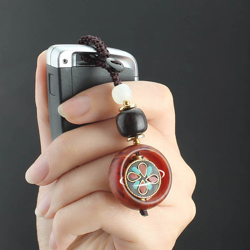 Buddha Stones Ebony Wood Sanskrit Four-leaf Clover Buddha's Eye Peace Rotatable Key Chain - image 10