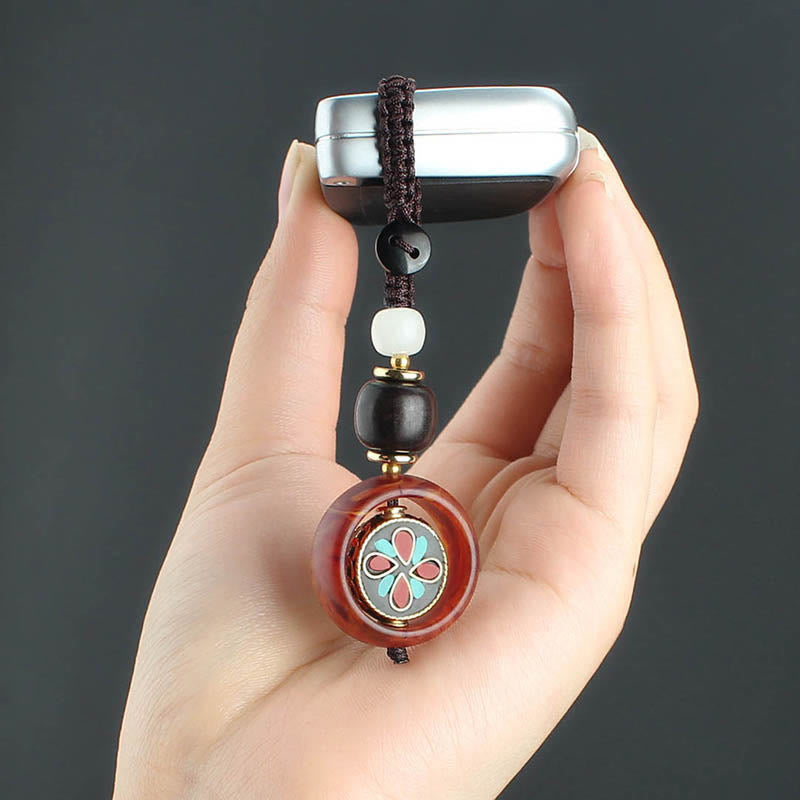 Buddha Stones Ebony Wood Sanskrit Four-leaf Clover Buddha's Eye Peace Rotatable Key Chain - image 11