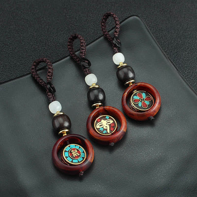 Buddha Stones Ebony Wood Sanskrit Four-leaf Clover Buddha's Eye Peace Rotatable Key Chain - image 13