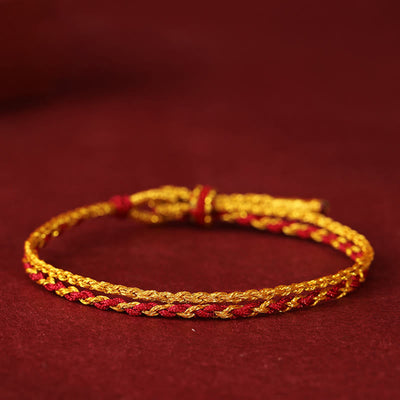 Buddha Stones 999 Gold Beads Copper Coin Double Wrap Golden Red String Connection Braided Bracelet - image 1