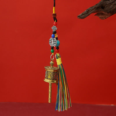 Buddha Stones Prayer Wheel Om Mani Padme Hum Colorful Tassels Purity Key Chain - Antique Gold - image 0