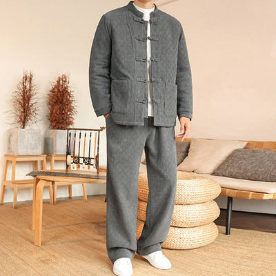 Buddha Stones 2Pcs Winter Solid Men's Tang Suit Frog-Button Cotton Long Sleeve Jacket Pants Set With Pockets - image 2
