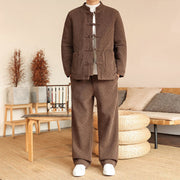 Foviel 2Pcs Winter Solid Men's Tang Suit Frog-Button Cotton Long Sleeve Jacket Pants Set With Pockets