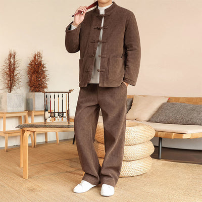 Buddha Stones 2Pcs Winter Solid Men's Tang Suit Frog-Button Cotton Long Sleeve Jacket Pants Set With Pockets - image 27